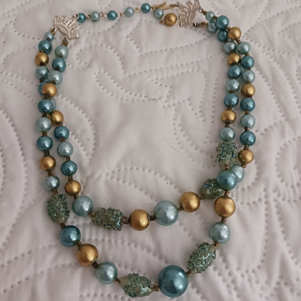 Vintage Japan 50s Teal and Gold Beaded Women's Necklace - Picture 5 of 10